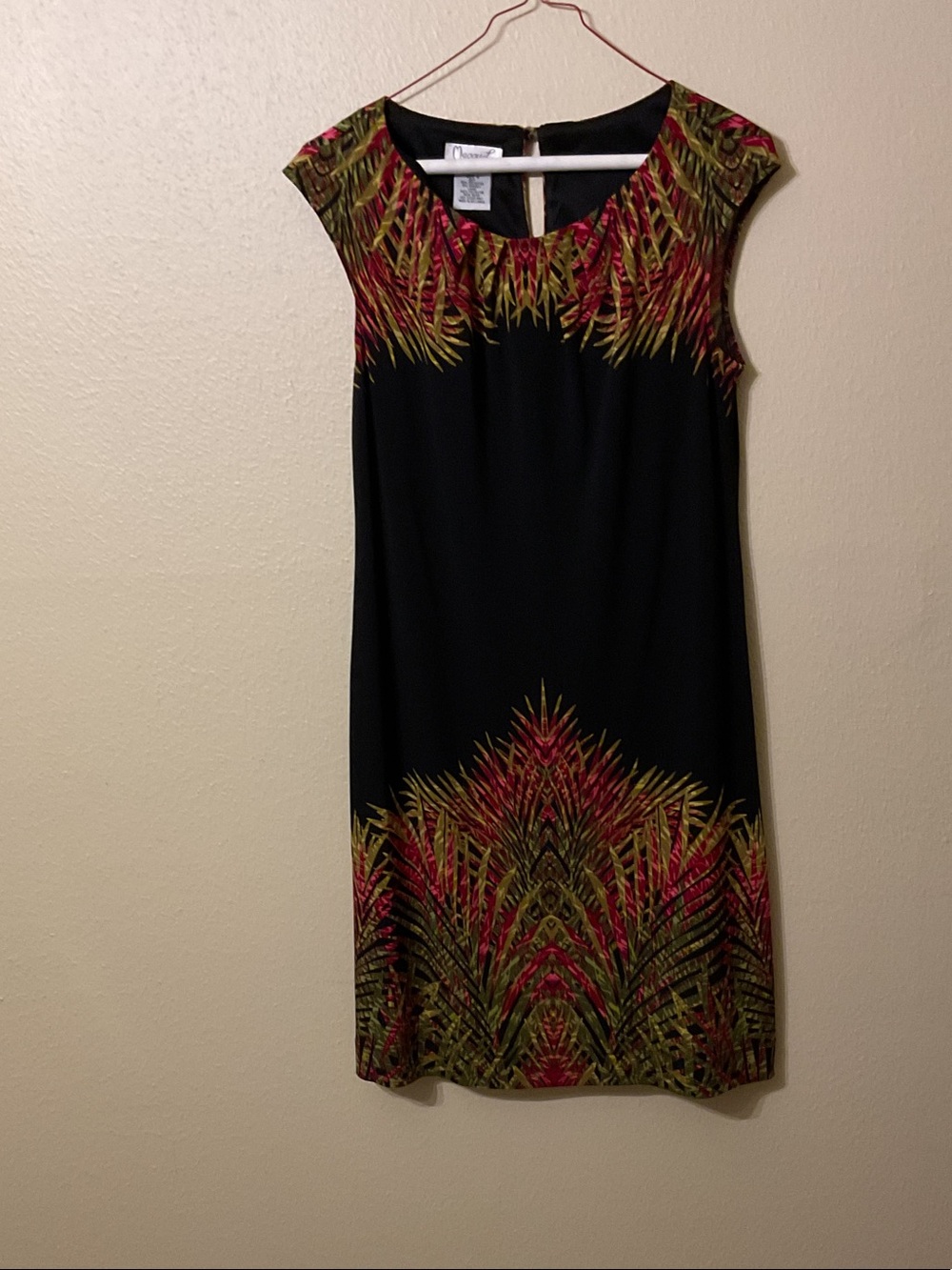 Maggy L Sleeveless Black Midi Dress with Red and Olive Botanical Print Size 4